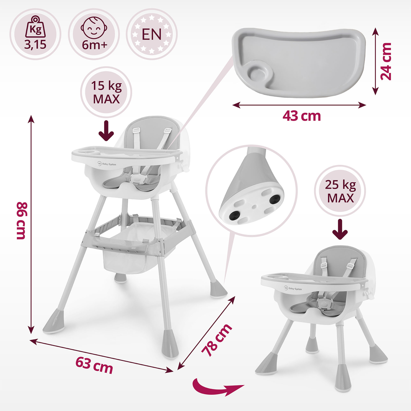 Moby-System Magnolia 2-in-1 regulējams bērnu krēsls - pelēks