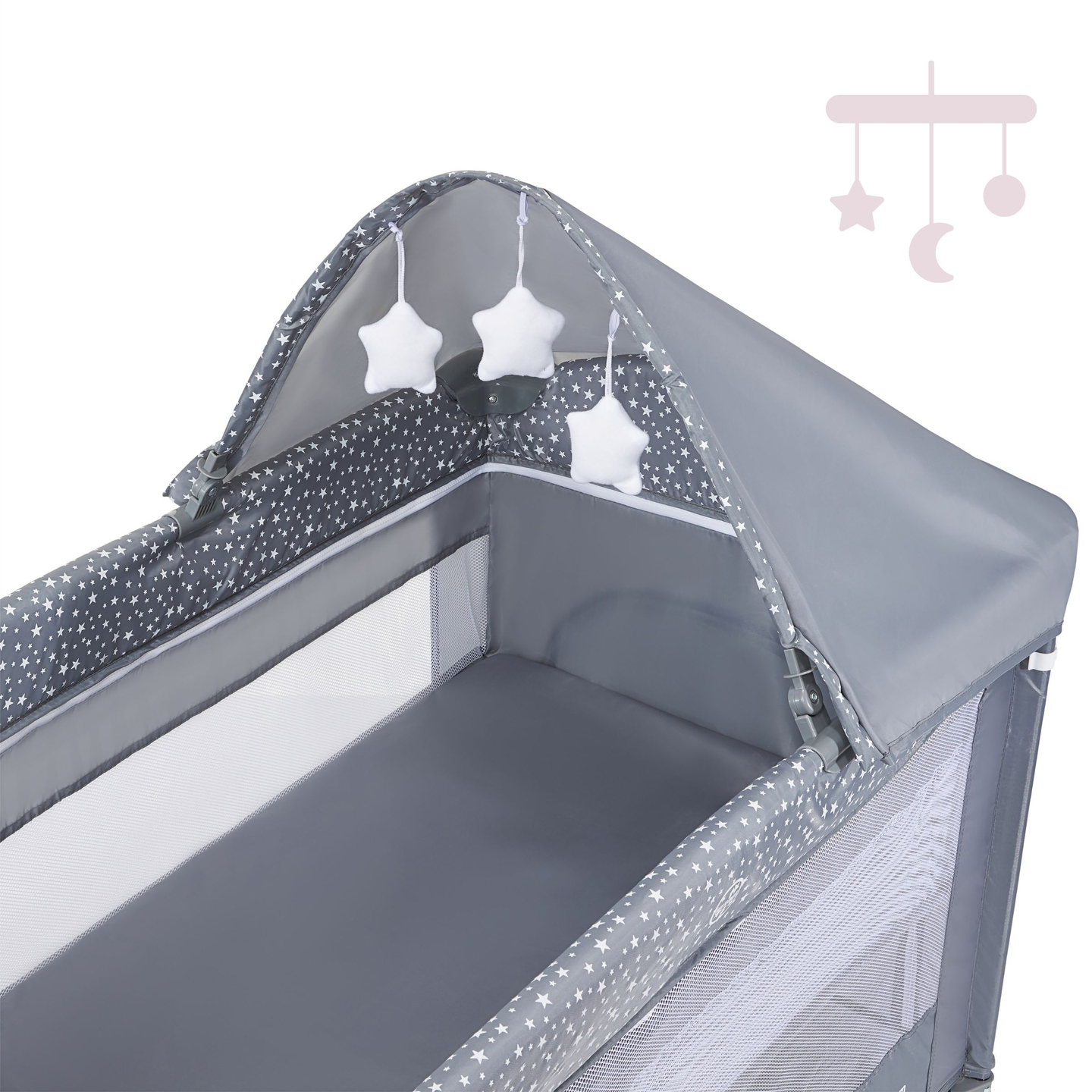 Ceļojumu gultiņa / sētiņa 2 līmeņi ar pārtinamo galdu, jumtu un Happy Traveller BASIC PLUS matraci - pelēks