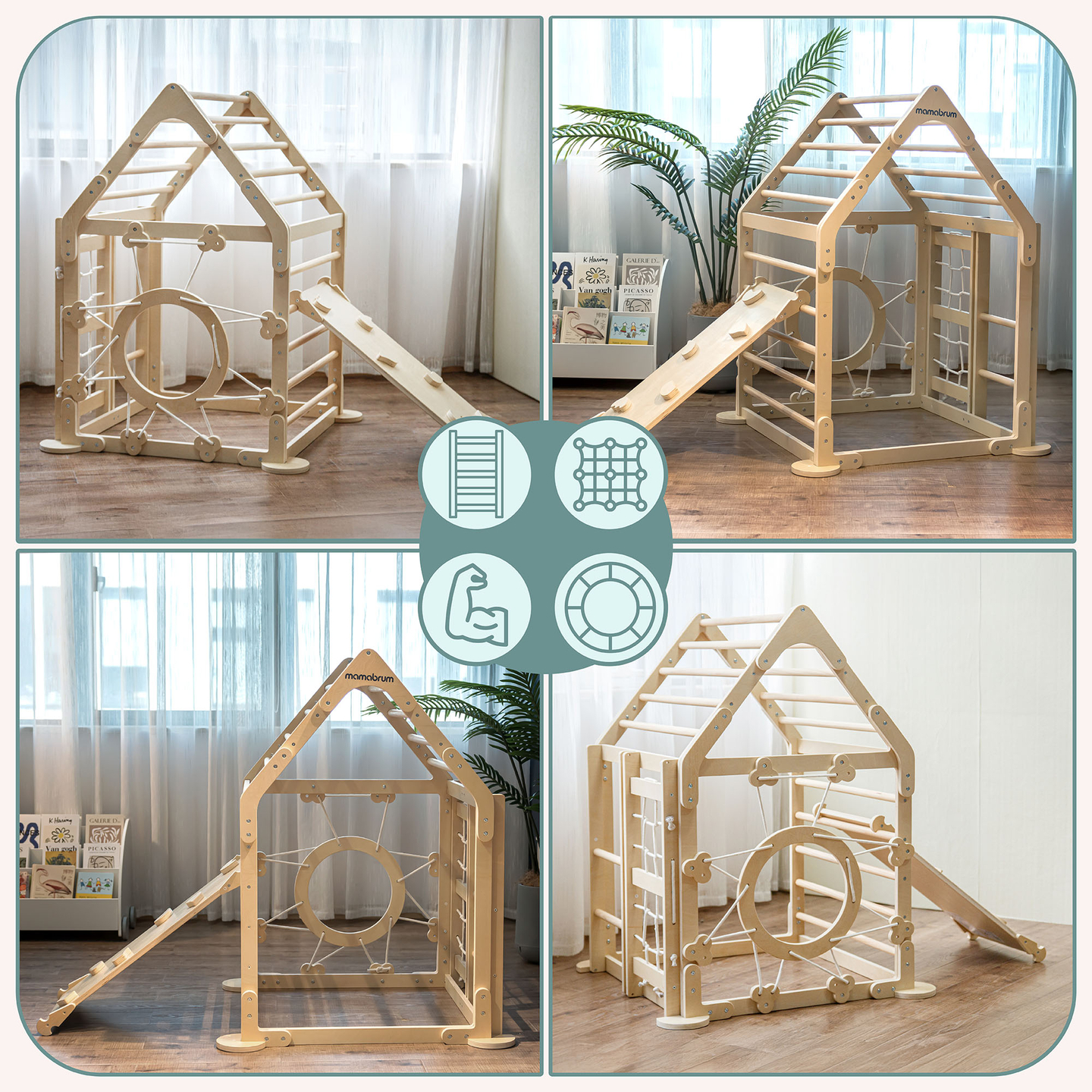 Koka iekštelpu rotaļu laukums bērniem - mājiņa ar kāpnēm un slidkalniņu