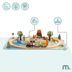 Dino Park koka vilcieniņš ar neslīdošu paklāju - dinozauri, vilcieniņš, sliedes, vulkāns, zvaniņš