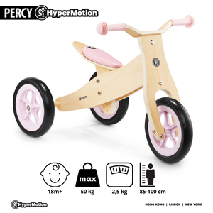 Koka trīsritenis un līdzsvara velosipēds 2in1 - HyperMotion PERCY - rozā