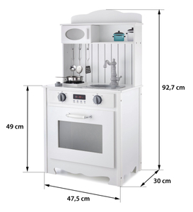 Balta koka virtuve ar priekšautu, piederumiem un LED lampu
