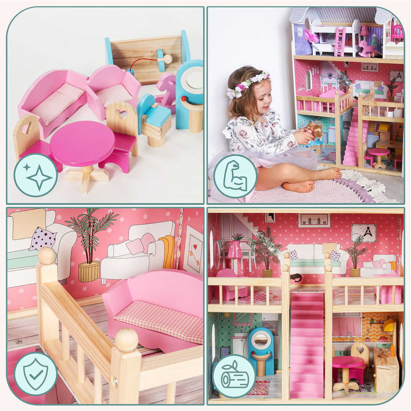 Liela koka trīsstāvu leļļu māja ar terasi, mēbeļu komplektu un LED apgaismojumu!