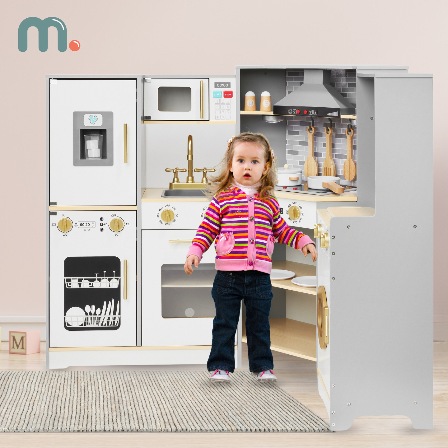 XXXL koka interaktīvā virtuve ar LED apgaismojumu, tvaika nosūcēju un piederumiem