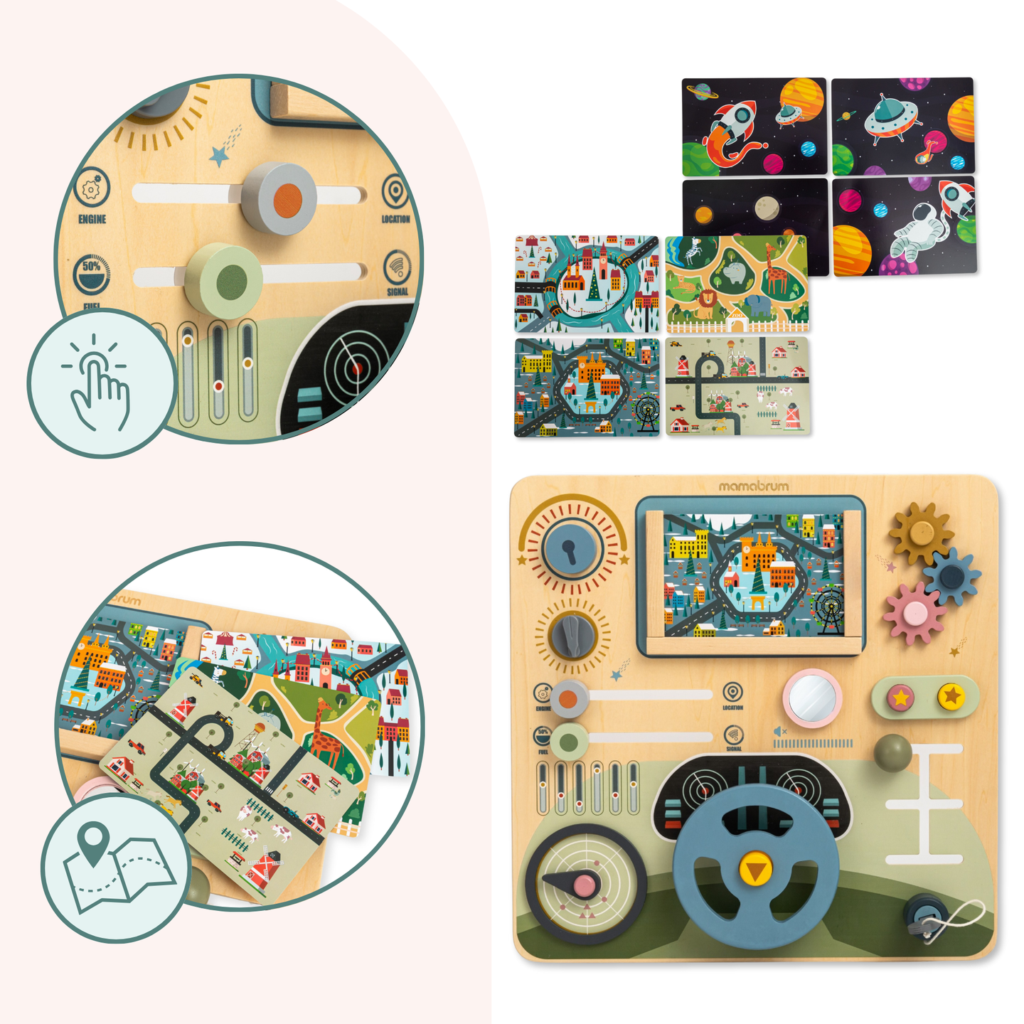 Koka Montessori dēlis 2 vienā kabīne mazajam vadītājam un pilotam – stūre, pārnesumu pārslēgs, ceļojumu kartes, radars