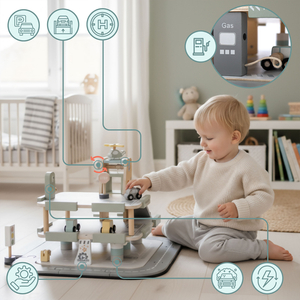 Koka trīsstāvu garāža bērniem ar aksesuāriem – autostāvvieta, degvielas uzpildes stacija, automazgātava, helikopters