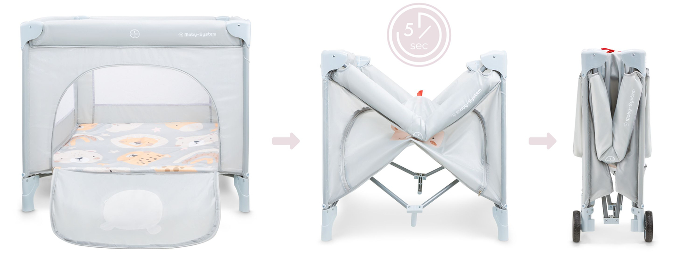 Saliekama bērnu gultiņa, bērnu ceļojumu gultiņa ar matraci un somu - Teddy Bear