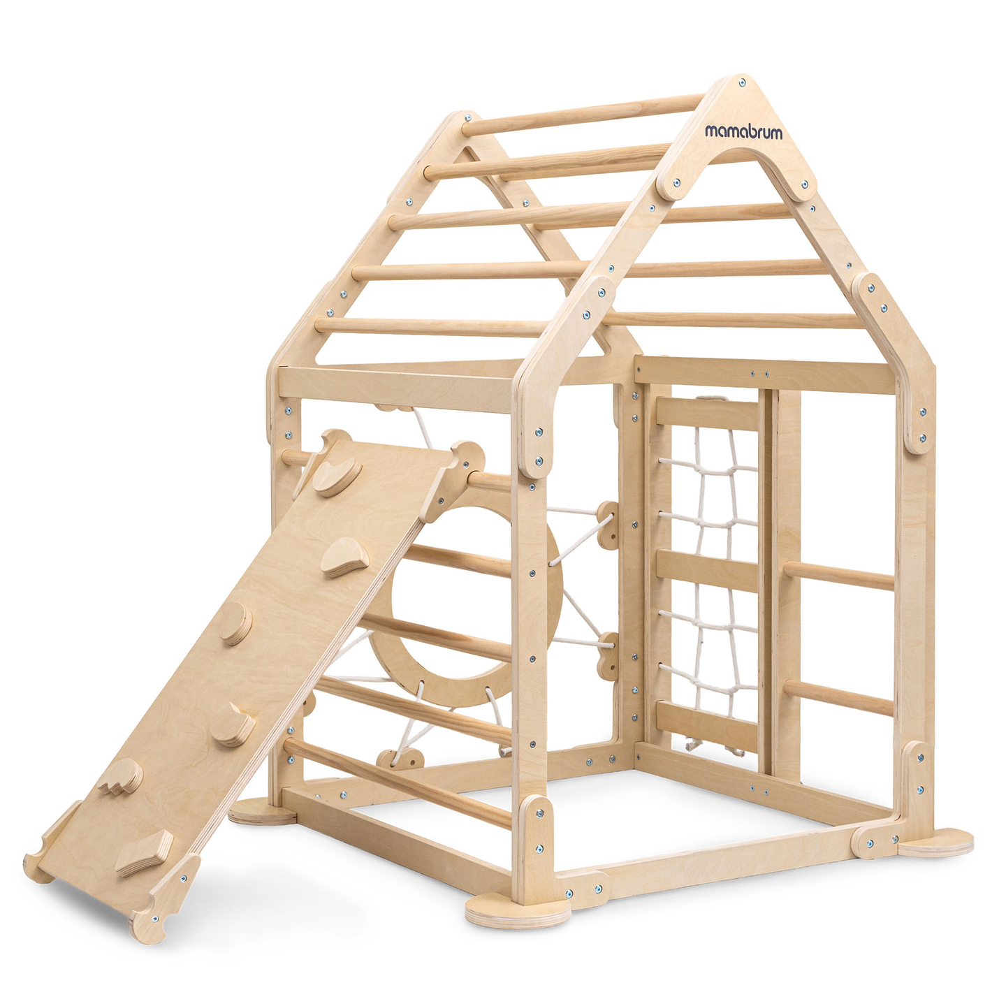 Koka iekštelpu rotaļu laukums bērniem - mājiņa ar kāpnēm un slidkalniņu