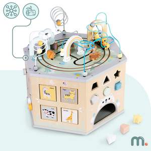 Liels koka izglītojošs kubs - Montessori rotaļlieta ar magnētisku vilcieniņu un motora cilpām