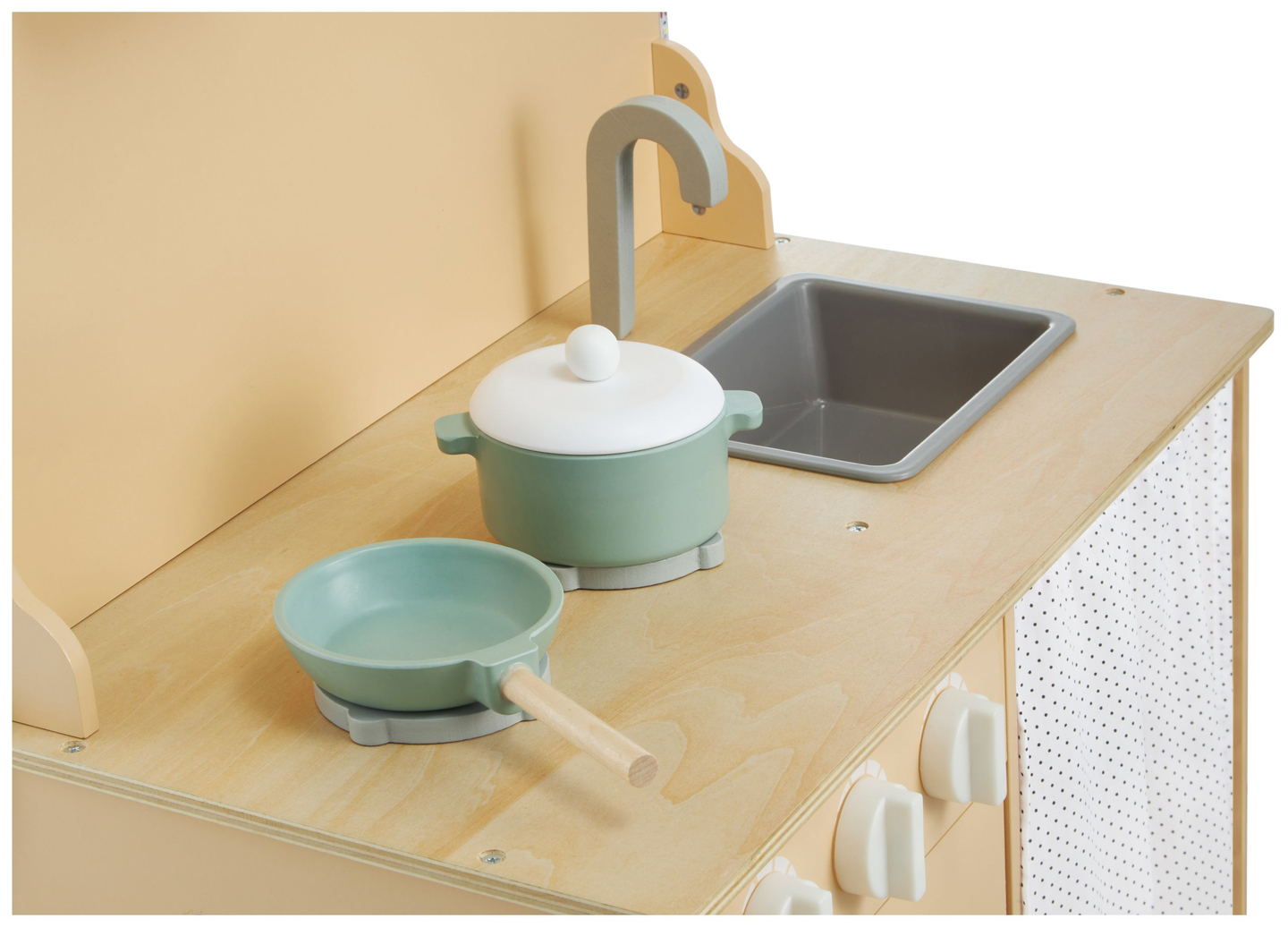 Koka virtuve ar priekšautu, aksesuāriem un LED apgaismojumu