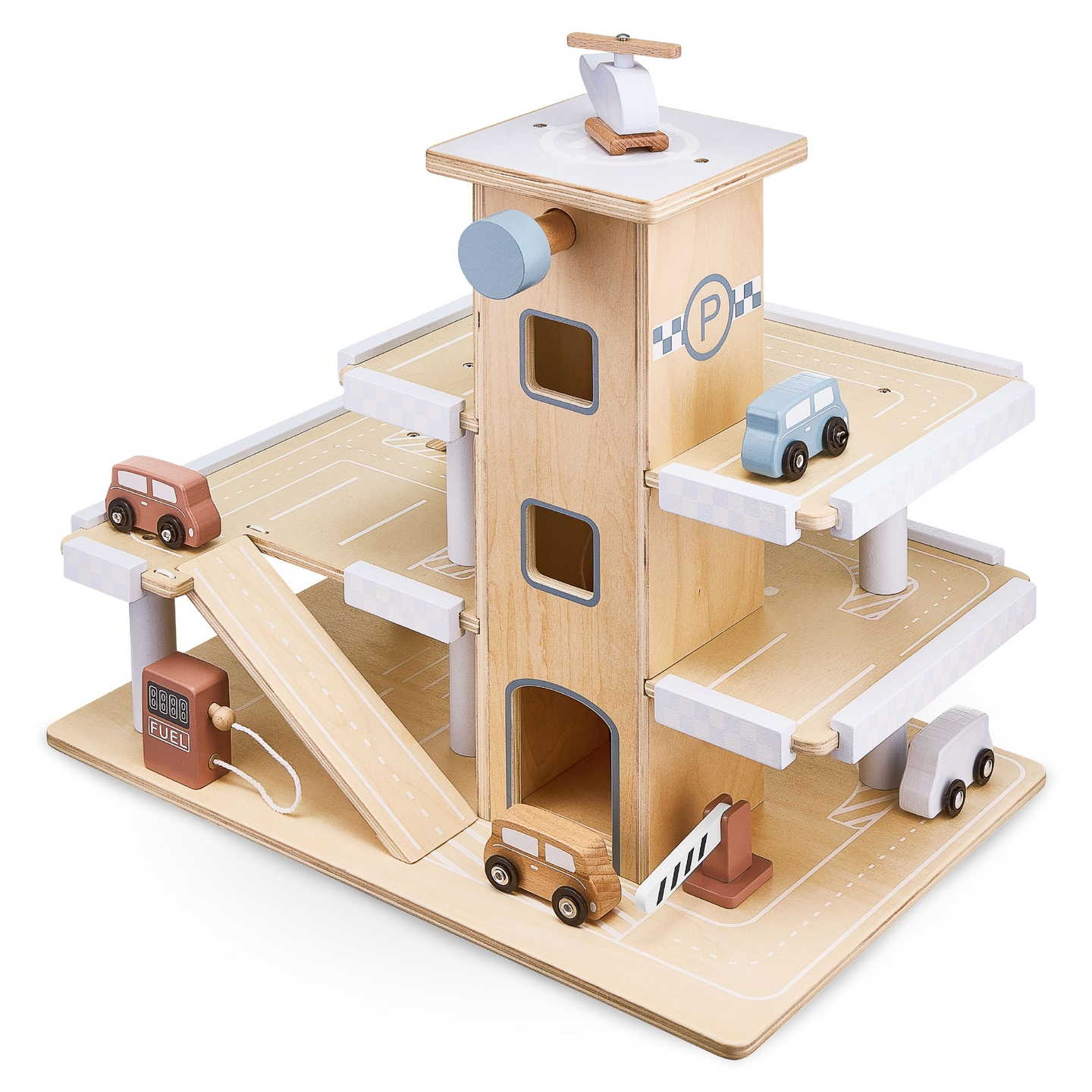 Koka trīsstāvu autostāvvieta ar liftu - garāža ar automašīnām un helikopteru