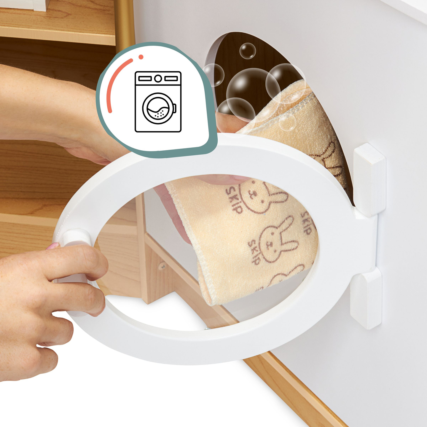 XXXXL liela koka interaktīvā virtuve ar LED apgaismojumu, veļas mašīnu, mikroviļņu krāsns kafijas automātu un augļu un dārzeņu komplektu - 50 elementi