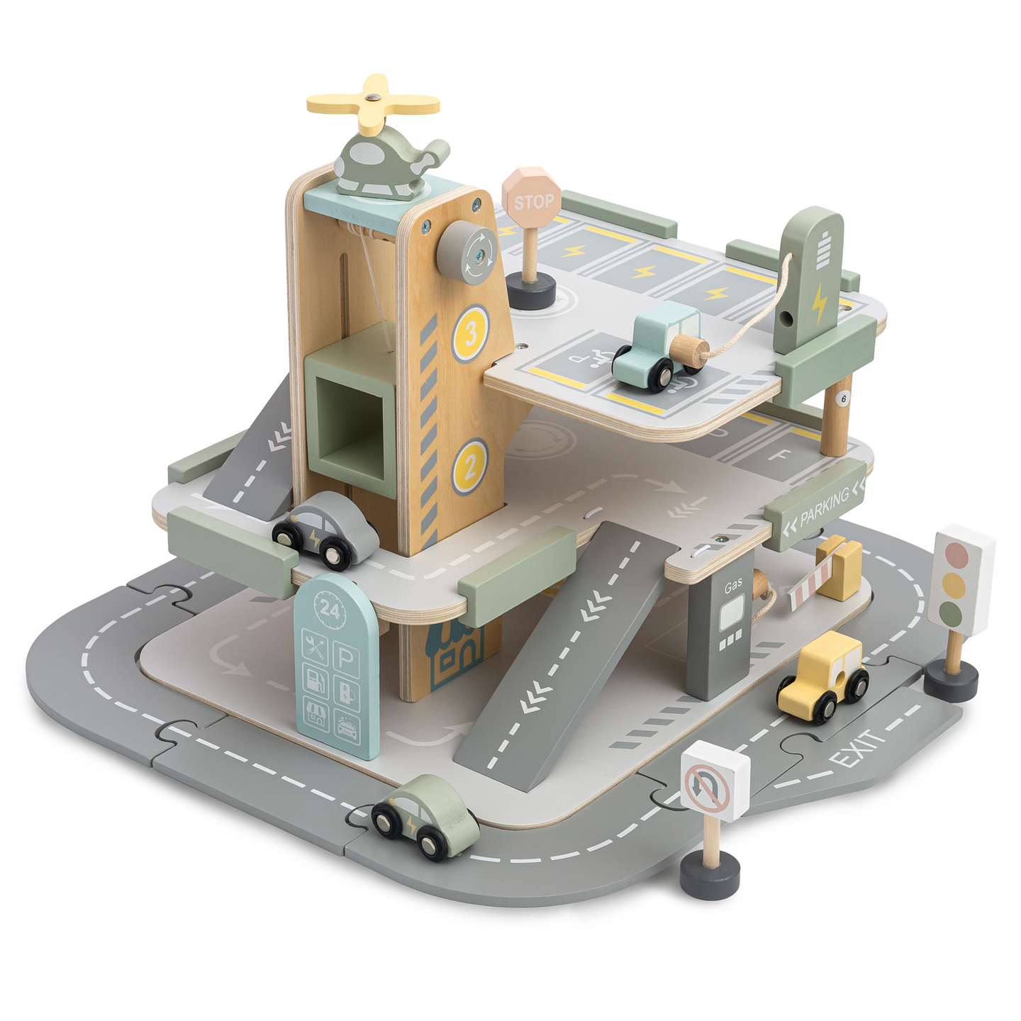 Koka trīsstāvu garāža bērniem ar aksesuāriem – autostāvvieta, degvielas uzpildes stacija, automazgātava, helikopters