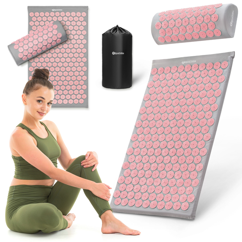 Akupresūras paklājiņš ar spilvenu un pārvalku - 72 cm HyperMotion pelēks un rozā