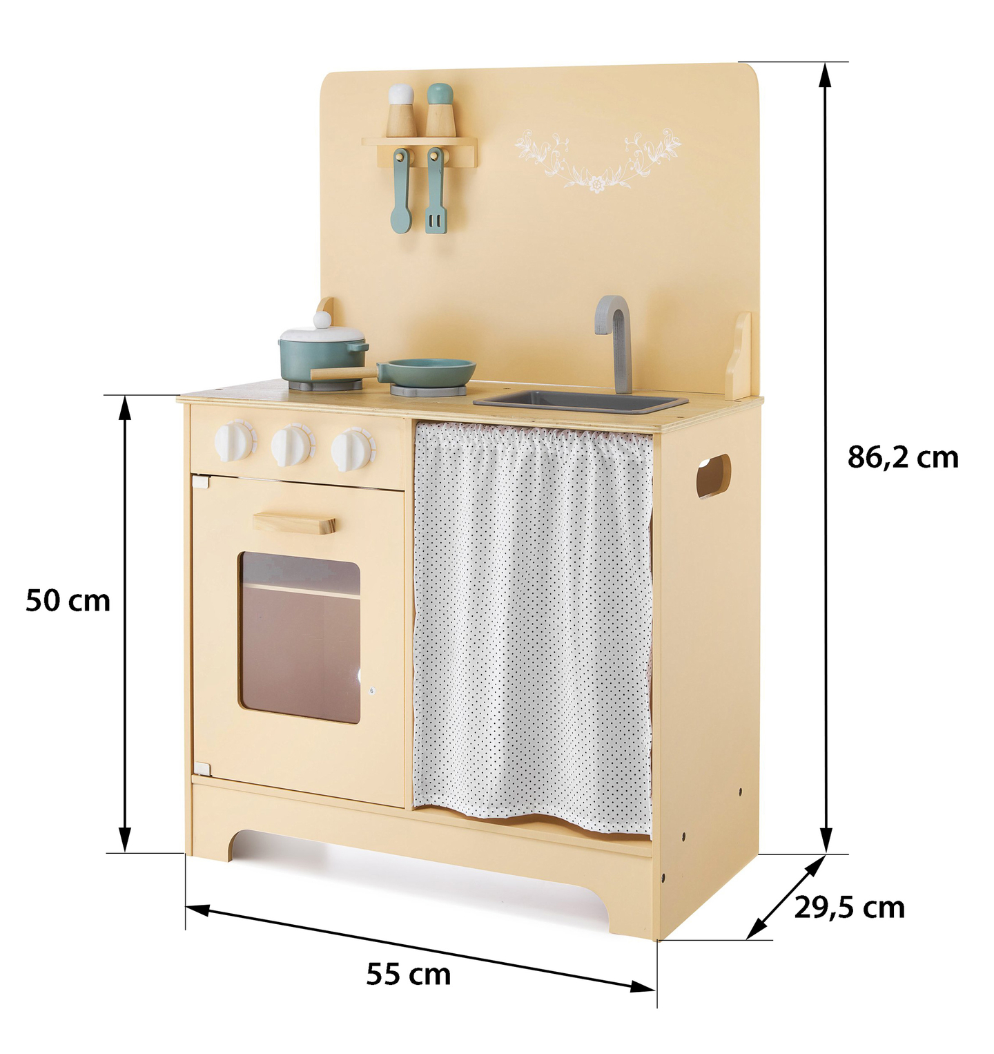 Koka virtuve ar priekšautu, aksesuāriem un LED apgaismojumu