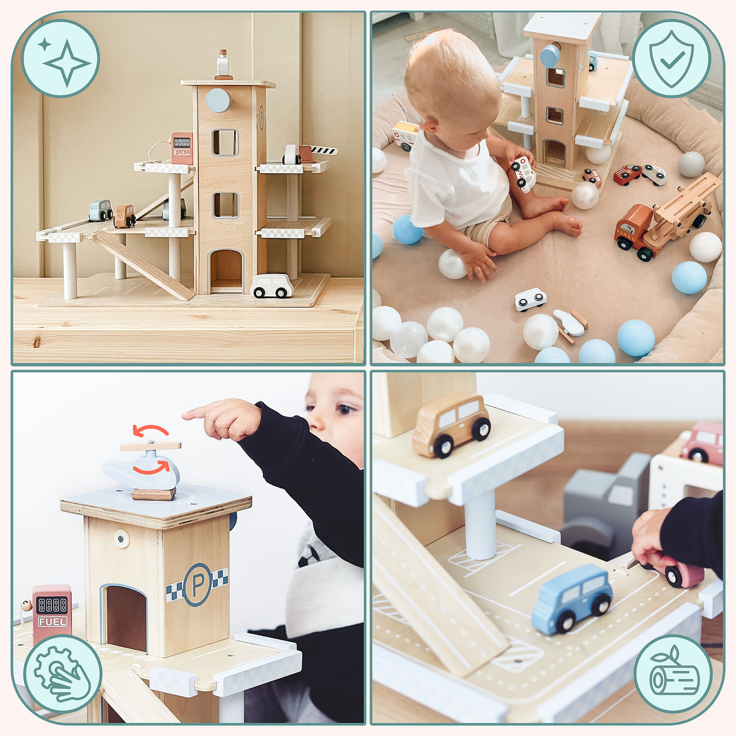 Koka trīsstāvu autostāvvieta ar liftu - garāža ar automašīnām un helikopteru