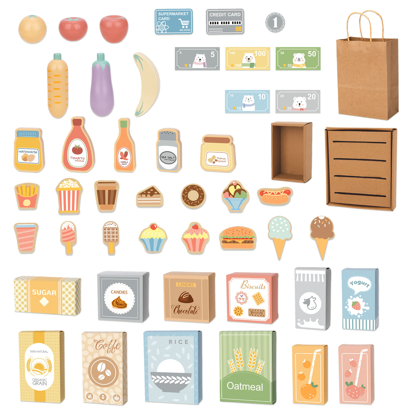 Liels koka bērnu veikals ar tāfeli - 91 detaļa iepirkšanās priekam!