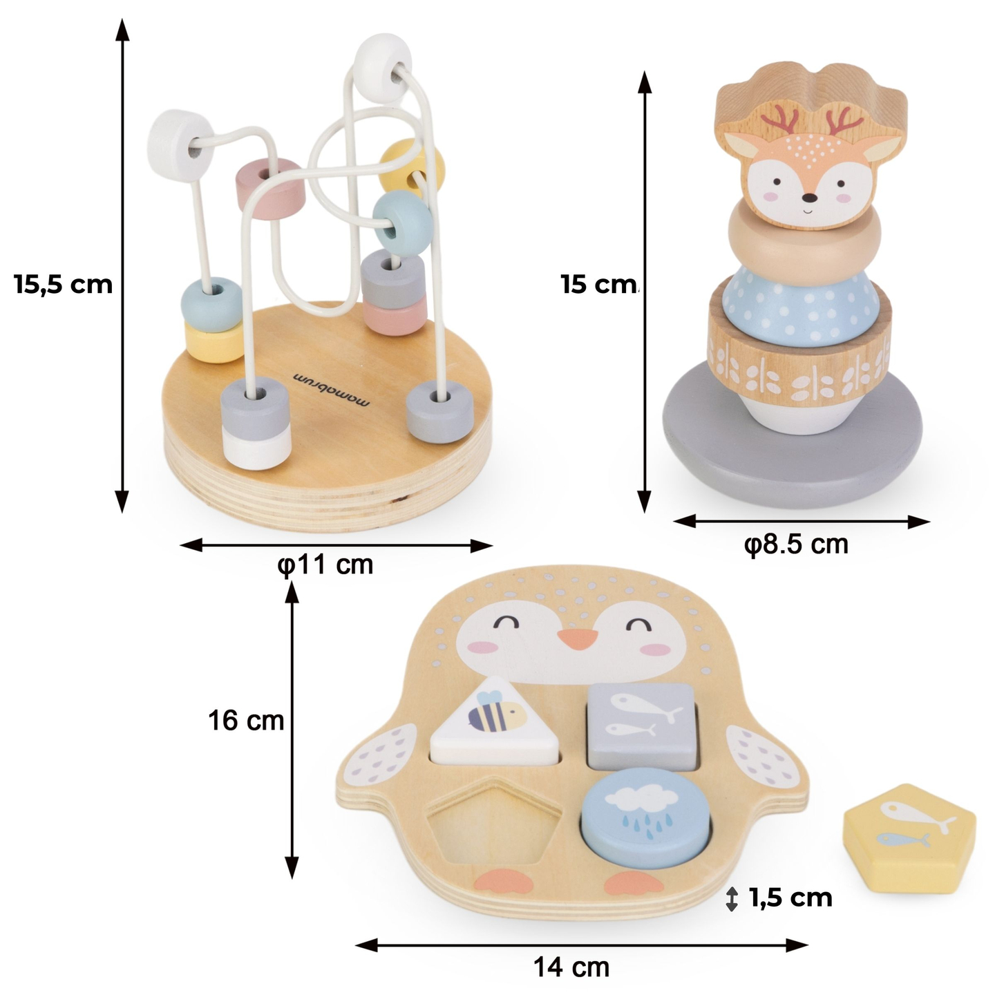 Koka rotaļlietu komplekts - krāsains pārīšu komplekts, piramīda "Brieži", šķirotājs "Pingvīns