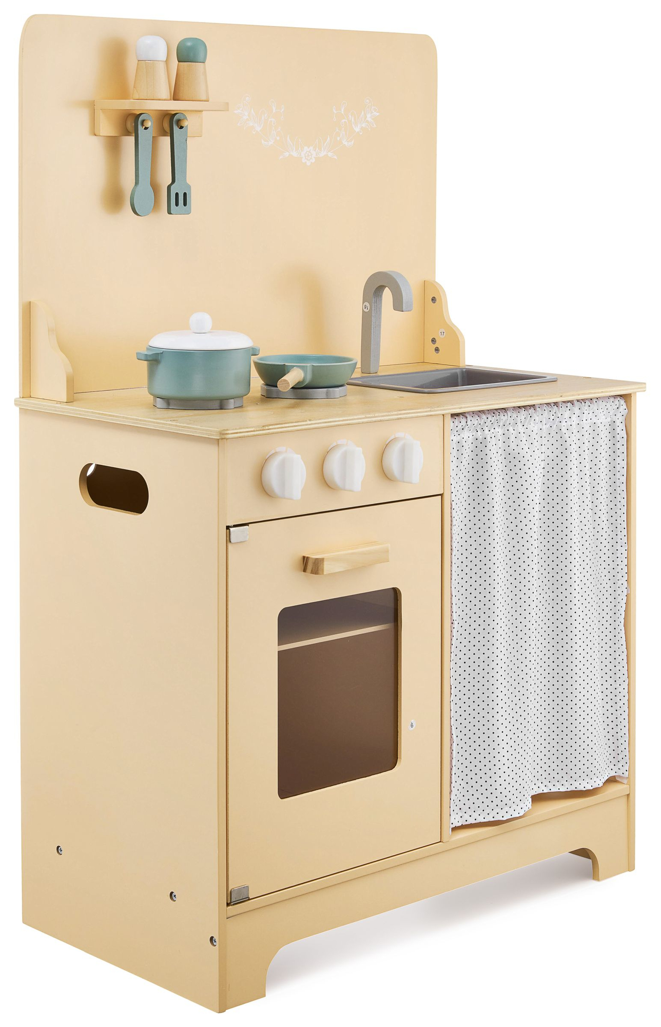 Koka virtuve ar priekšautu, aksesuāriem un LED apgaismojumu