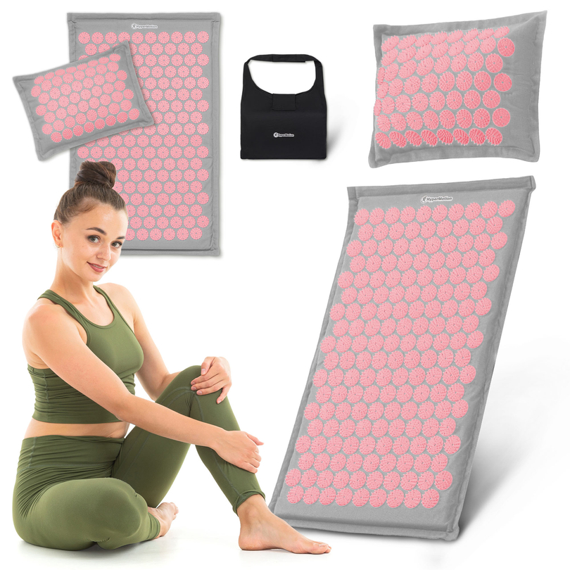 EKO lina akupresūras paklājiņš ar kokosriekstu šķiedru un griķu spilvenu – 68 cm HyperMotion pelēks un rozā