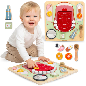 Koka Montessori mācību tāfele Mazais zobārsts - zobu birste, zobu pasta, izņemami zobi, spogulis, ēdiens, mācību garšas