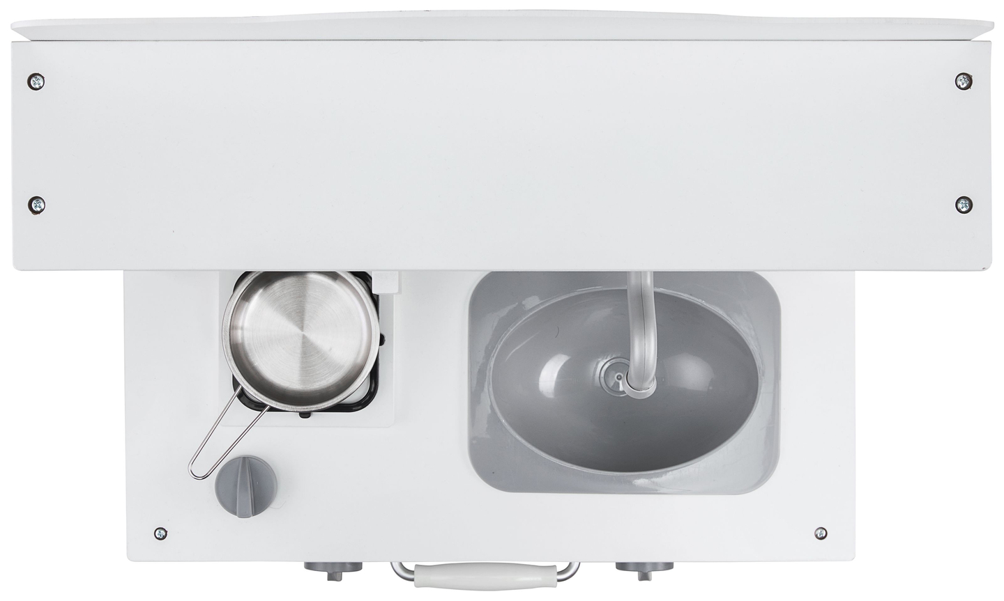 Balta koka virtuve ar priekšautu, piederumiem un LED lampu