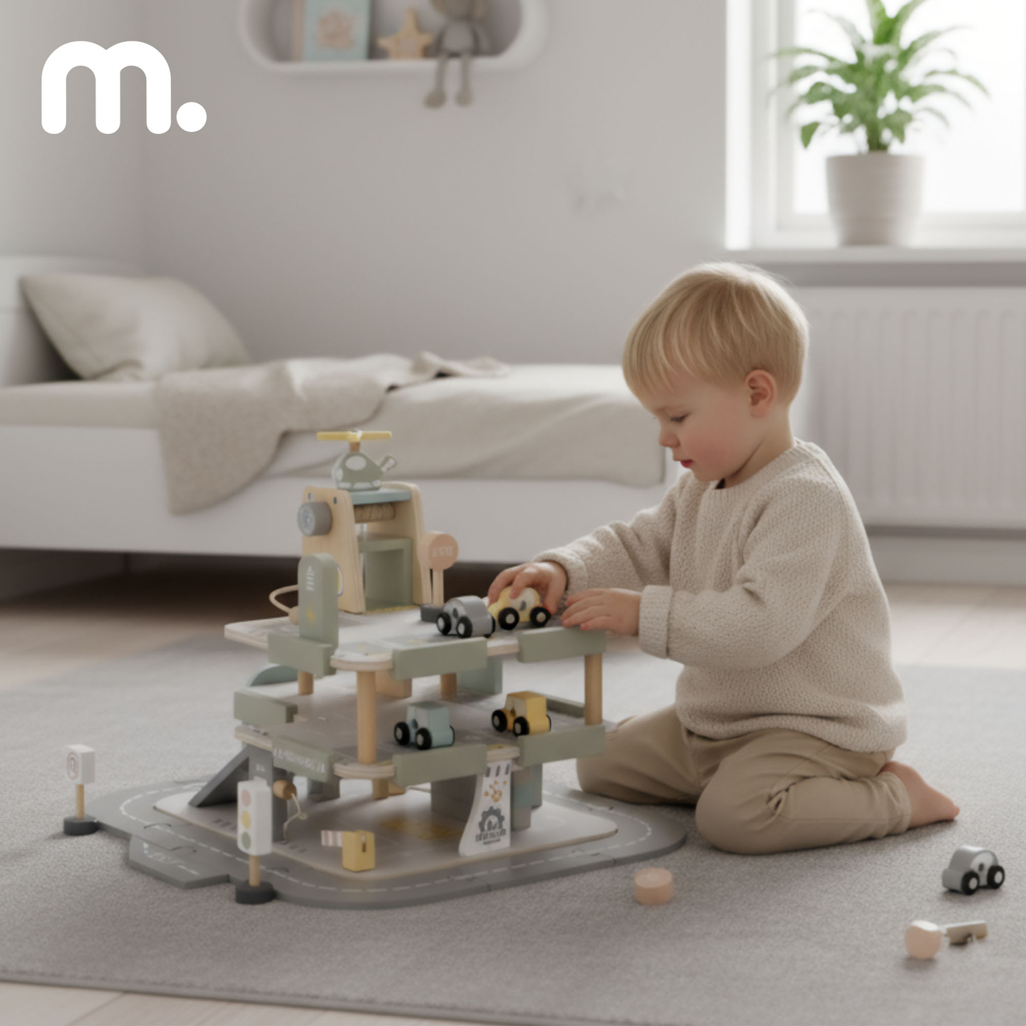 Koka trīsstāvu garāža bērniem ar aksesuāriem – autostāvvieta, degvielas uzpildes stacija, automazgātava, helikopters