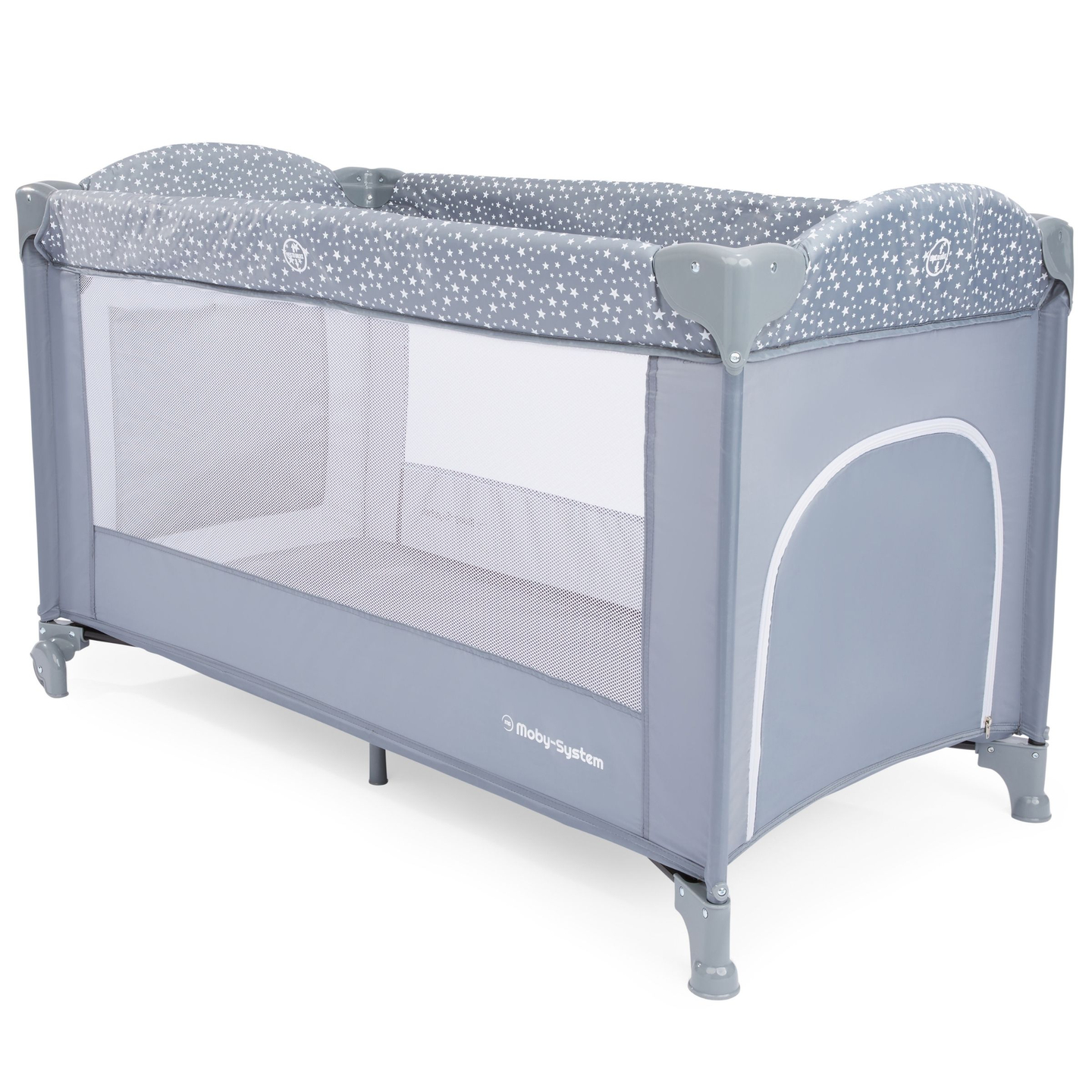 Ceļojumu gultiņa / sētiņa 2 līmeņi ar pārtinamo galdu, jumtu un Happy Traveller BASIC PLUS matraci - pelēks