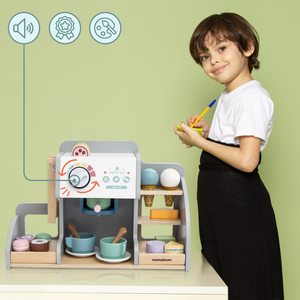 Liels koka saldējuma salons ar magnētisko tāfeli, kafijas automātu un saldējuma un desertu komplektu - vairāk nekā 70 detaļu!