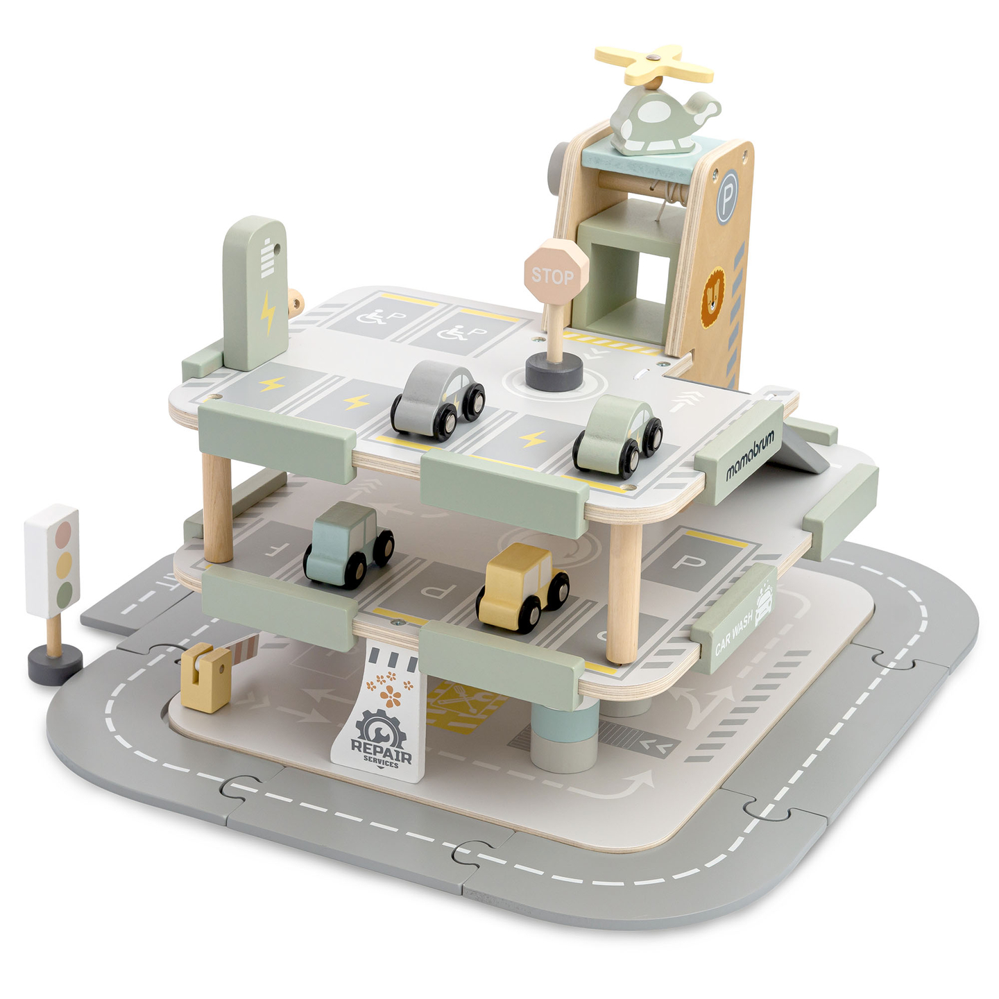 Koka trīsstāvu garāža bērniem ar aksesuāriem – autostāvvieta, degvielas uzpildes stacija, automazgātava, helikopters