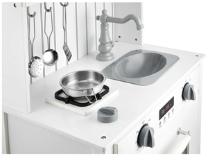 Balta koka virtuve ar priekšautu, piederumiem un LED lampu