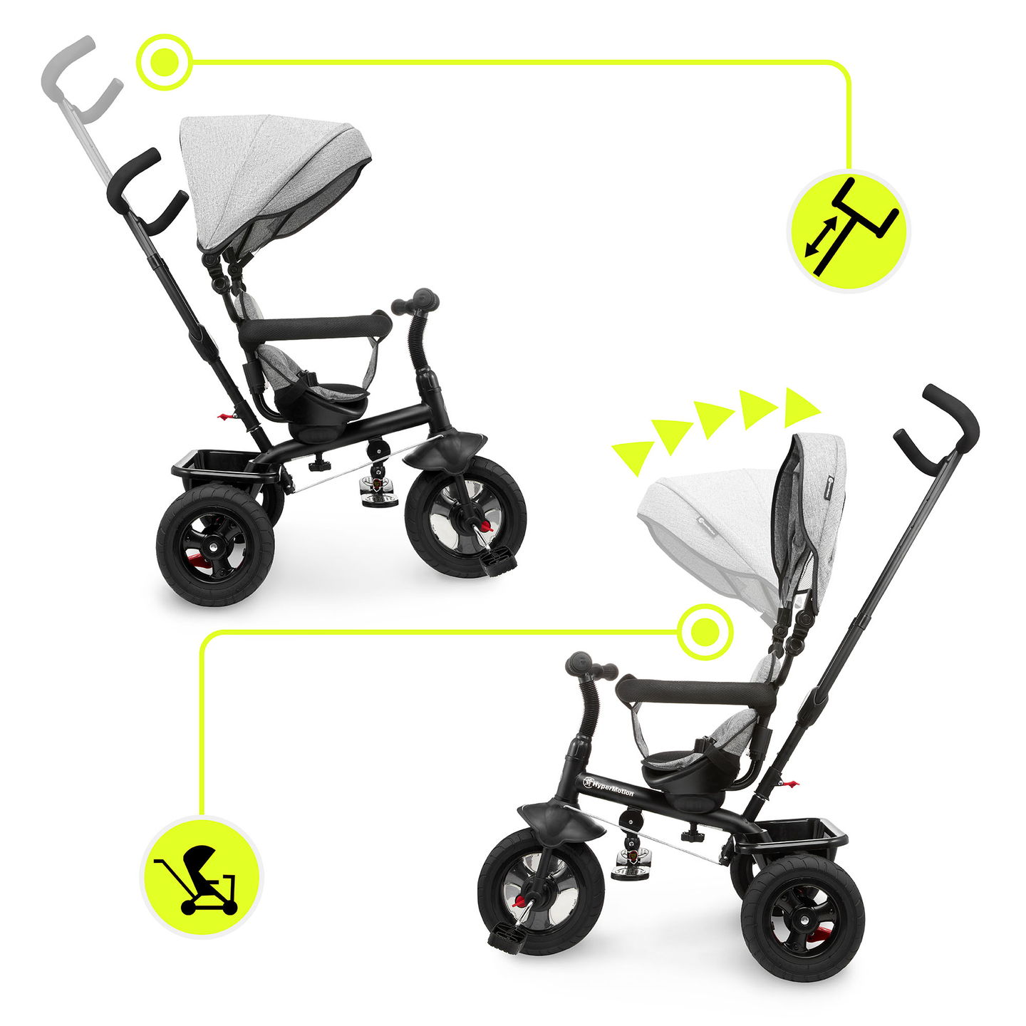 Tricikls bērniem no 1 līdz 4 gadiem - TOBI FREY - pelēka krāsa - grozāms - sūkņa riteņi + stūmējs