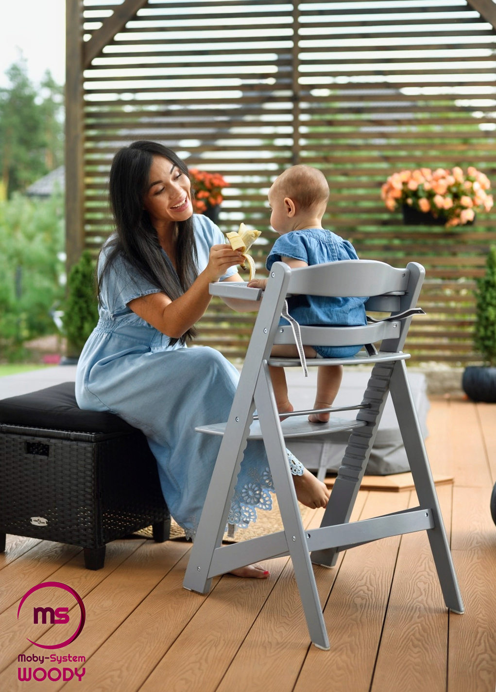 Koka barošanas krēsls Moby-System WOODY - pelēka krāsa