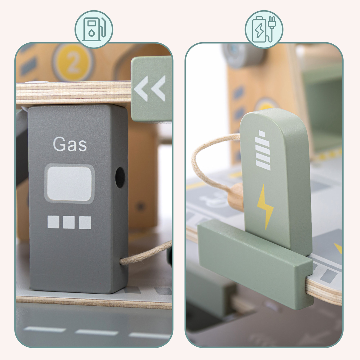 Koka trīsstāvu garāža bērniem ar aksesuāriem – autostāvvieta, degvielas uzpildes stacija, automazgātava, helikopters