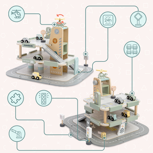 Koka trīsstāvu garāža bērniem ar aksesuāriem – autostāvvieta, degvielas uzpildes stacija, automazgātava, helikopters
