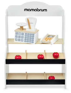 Mini tirdziņš - veikals ar svariem, terminālu, maksājumu karti un augļiem