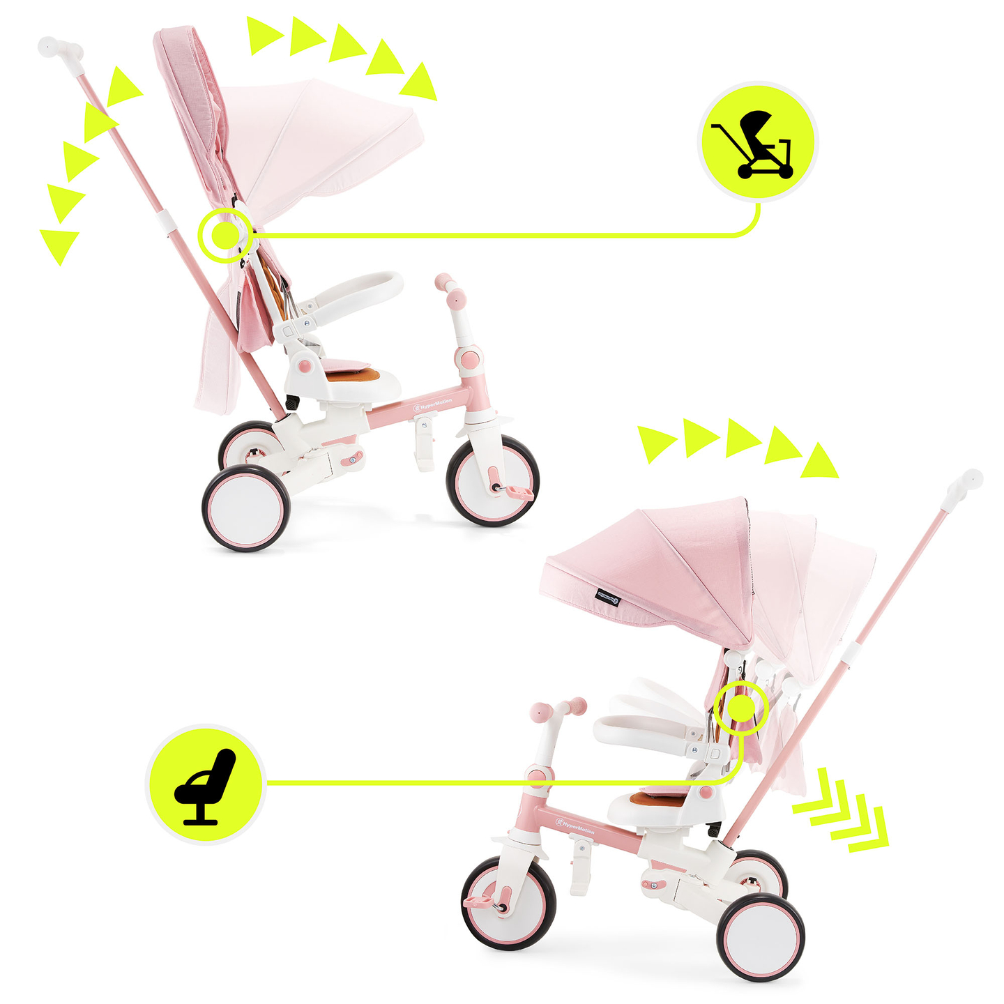 8in1 daudzfunkcionāls trīsritenis TOBI FOREST - rozā krāsā