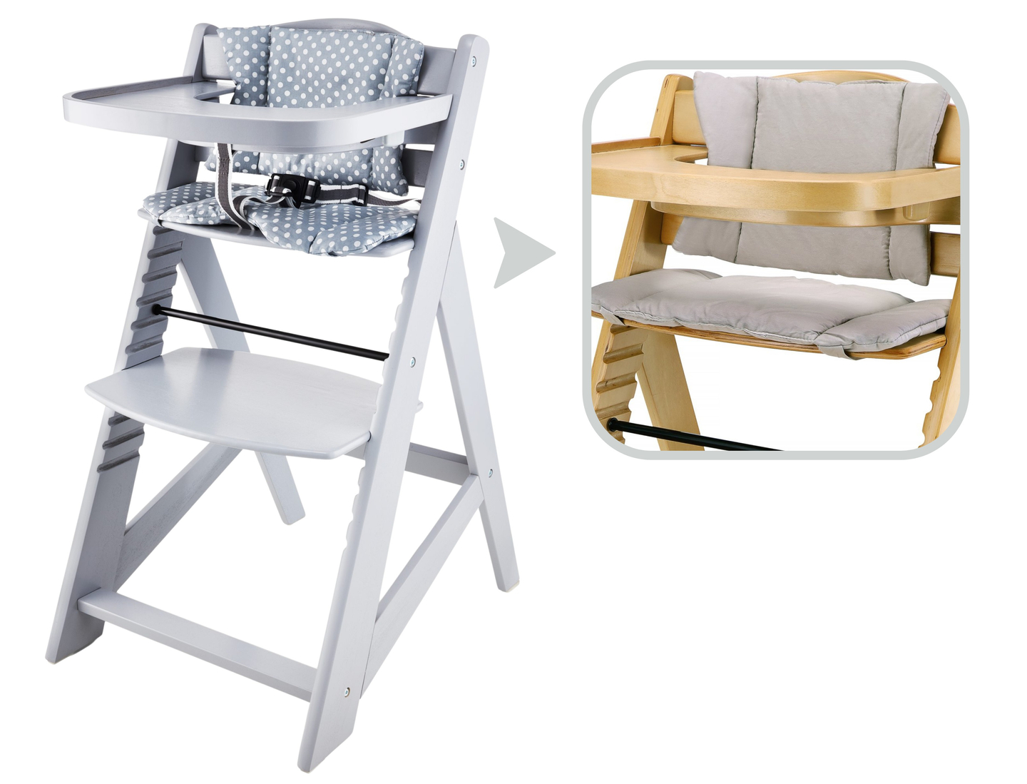 Koka barošanas krēsls Moby-System WOODY - pelēka krāsa