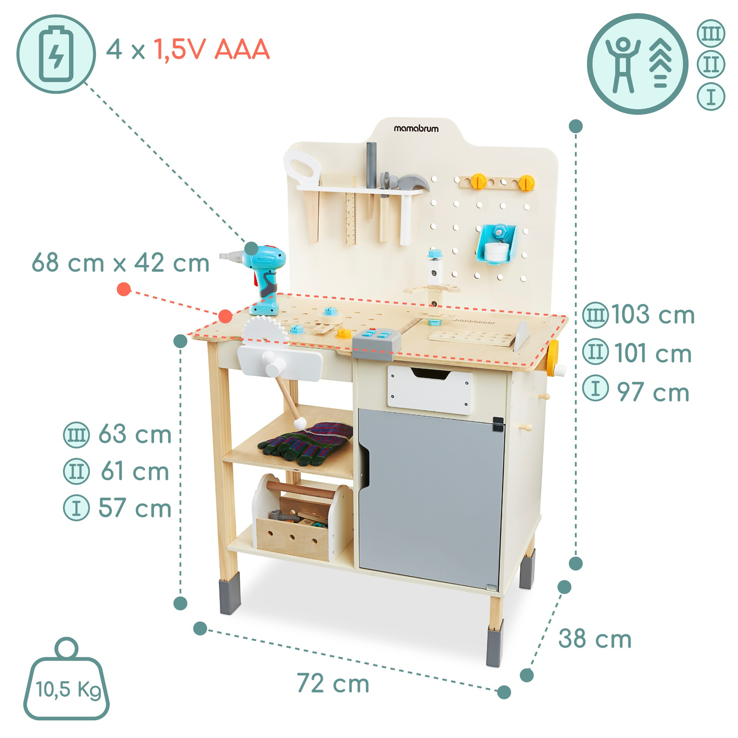 XXL Liela koka darbnīca ar instrumentiem - DIY komplekts, 74 elementi