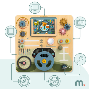 Koka Montessori dēlis 2 vienā kabīne mazajam vadītājam un pilotam – stūre, pārnesumu pārslēgs, ceļojumu kartes, radars