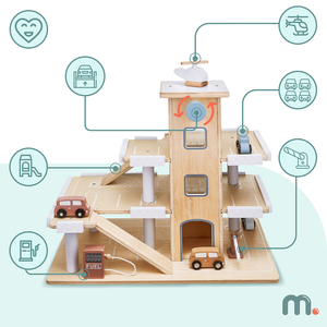 Koka trīsstāvu autostāvvieta ar liftu - garāža ar automašīnām un helikopteru