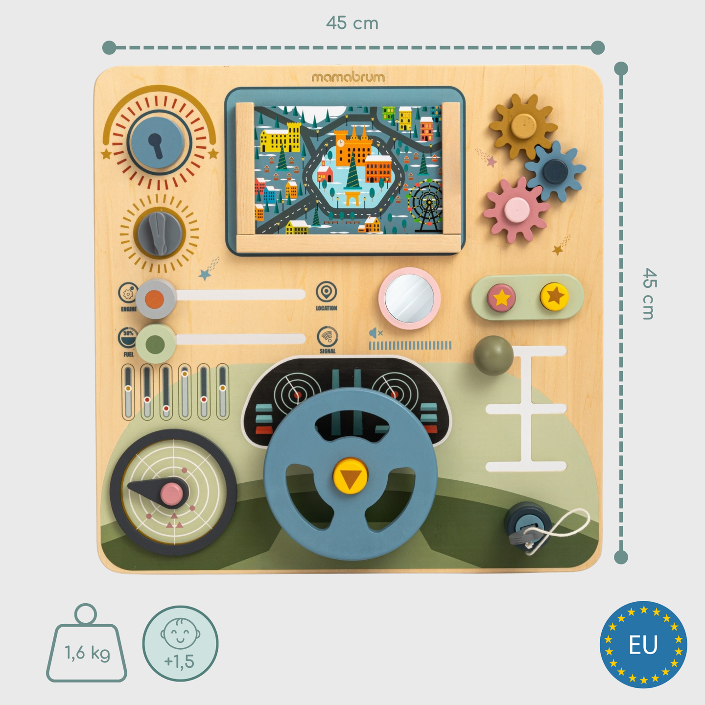 Koka Montessori dēlis 2 vienā kabīne mazajam vadītājam un pilotam – stūre, pārnesumu pārslēgs, ceļojumu kartes, radars