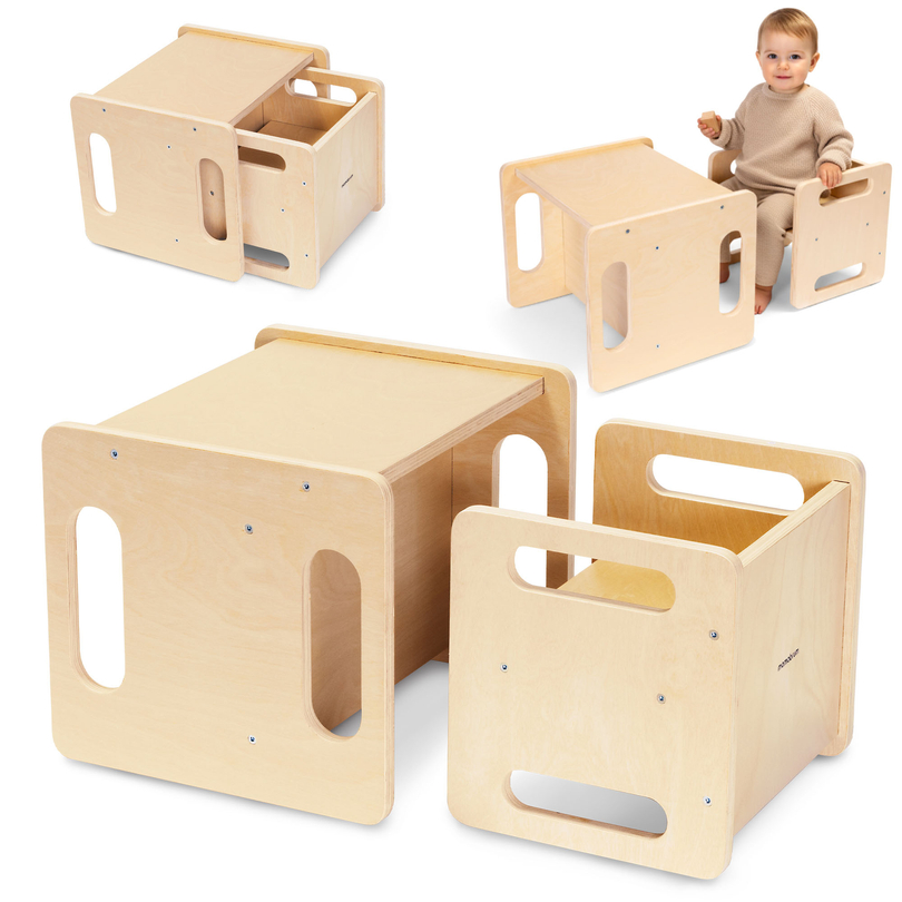 Koka galds un krēsls ar pakāpiena funkciju – daudzfunkcionāls Montessori komplekts bērniem