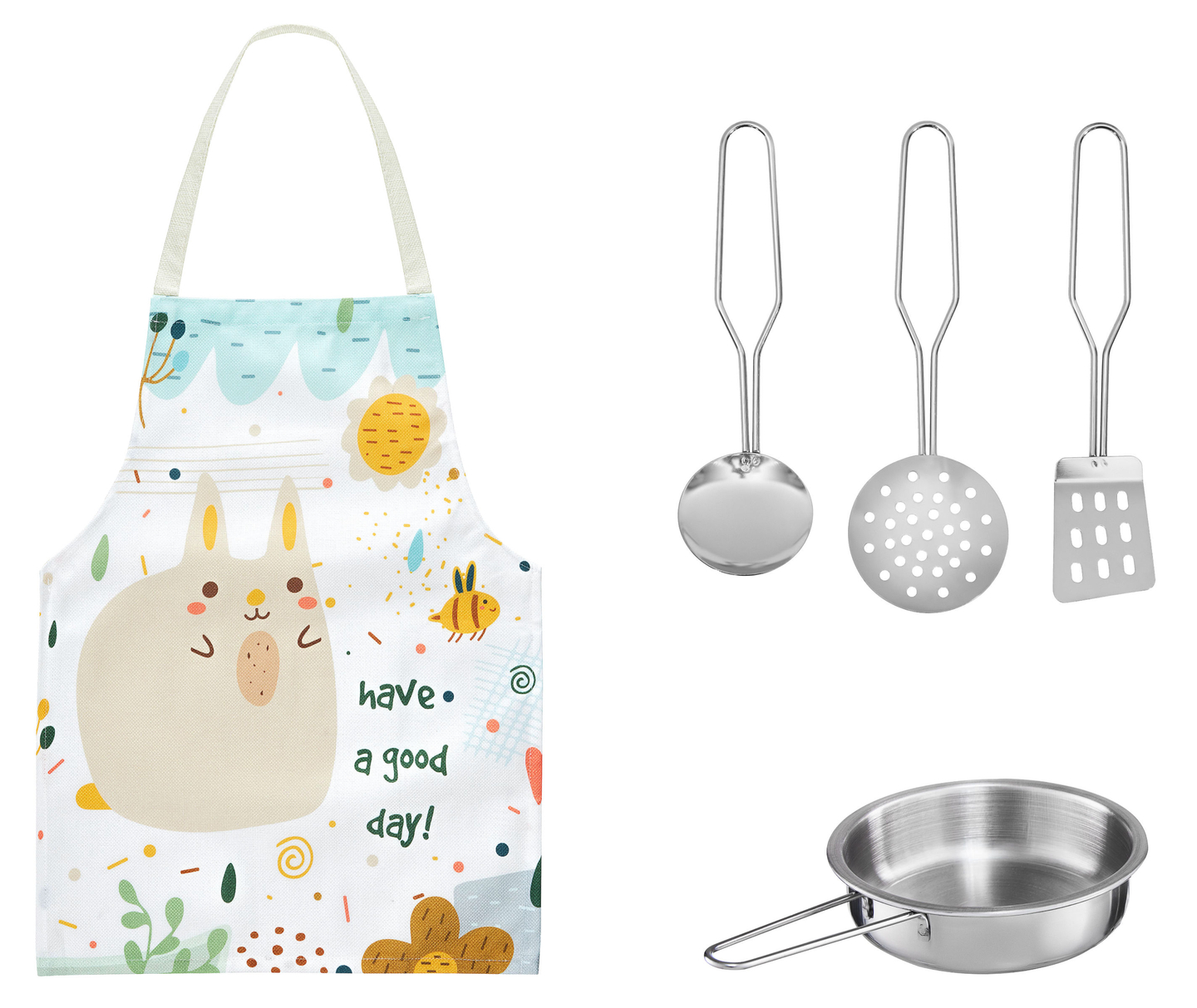 Balta koka virtuve ar priekšautu, piederumiem un LED lampu