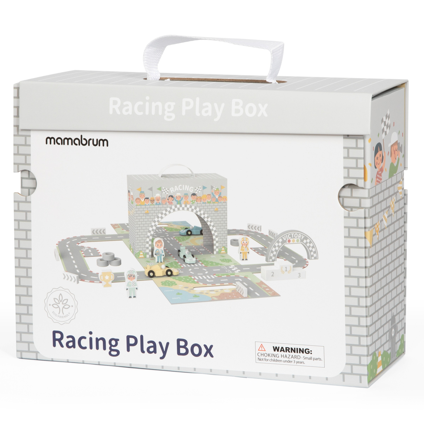 Magnētisks čemodāns ar sacīkšu trasi, koka transportlīdzekļiem un ceļa piederumiem