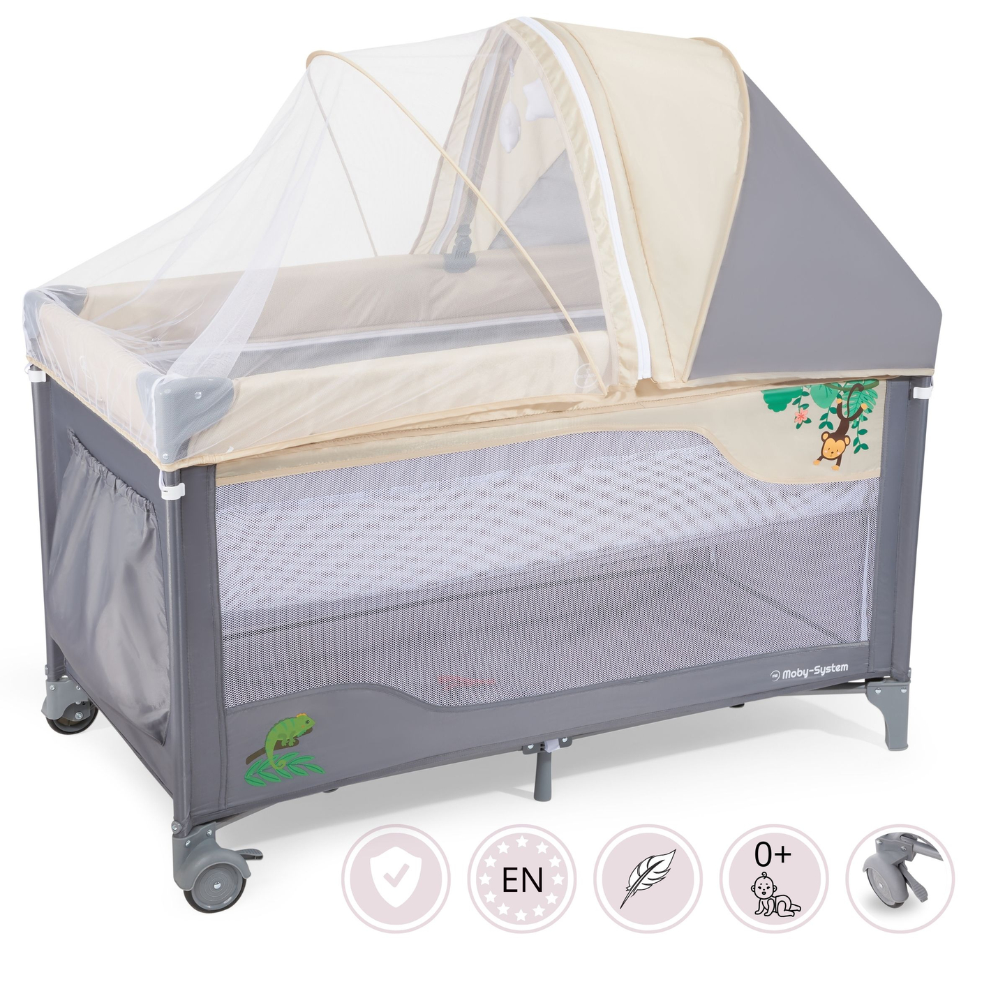 Ceļojumu gultiņa 0 - 36 m ar pārtinamo galdu + Moby-System HUXLEY sētiņa