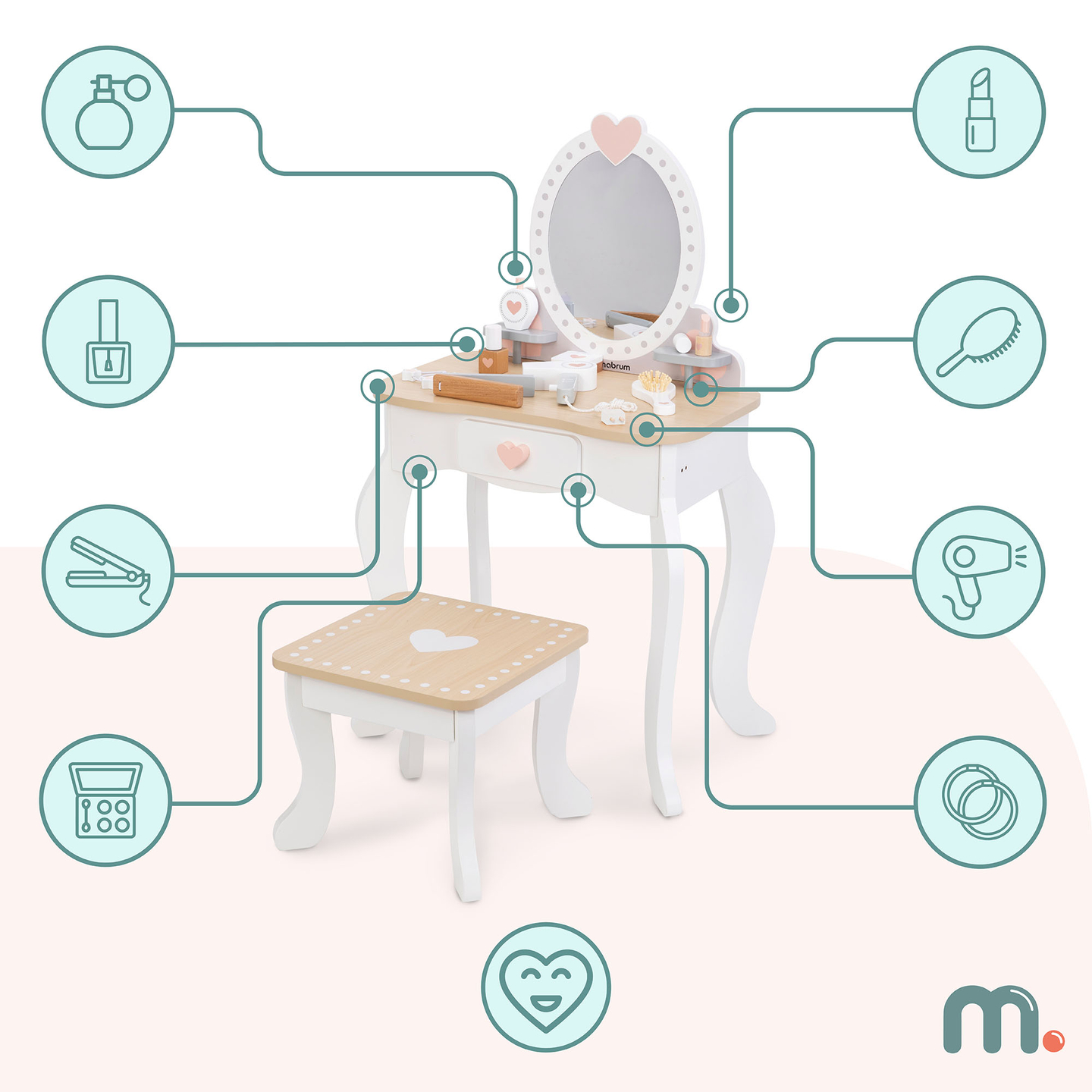 Koka tualetes galdiņš ar tabureti un piederumiem