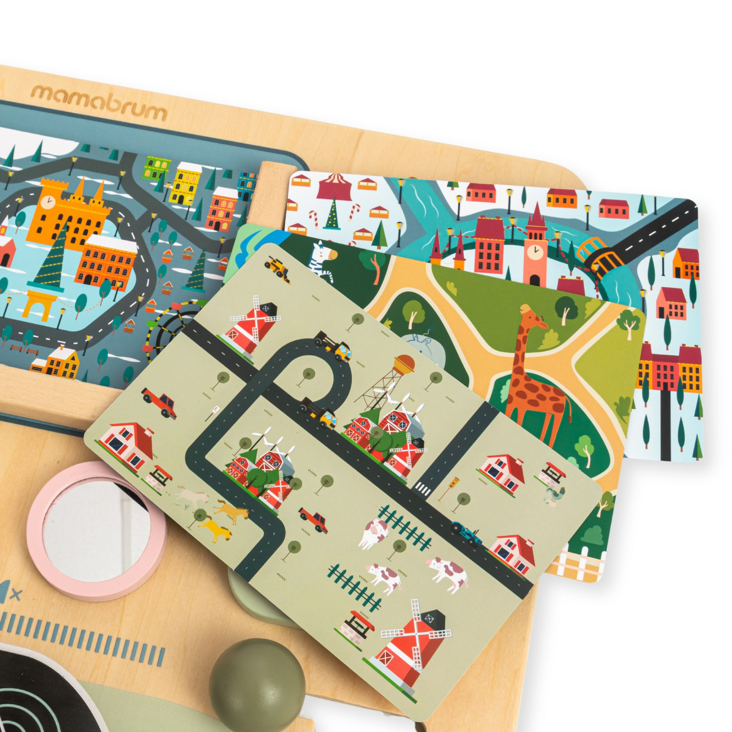 Koka Montessori dēlis 2 vienā kabīne mazajam vadītājam un pilotam – stūre, pārnesumu pārslēgs, ceļojumu kartes, radars