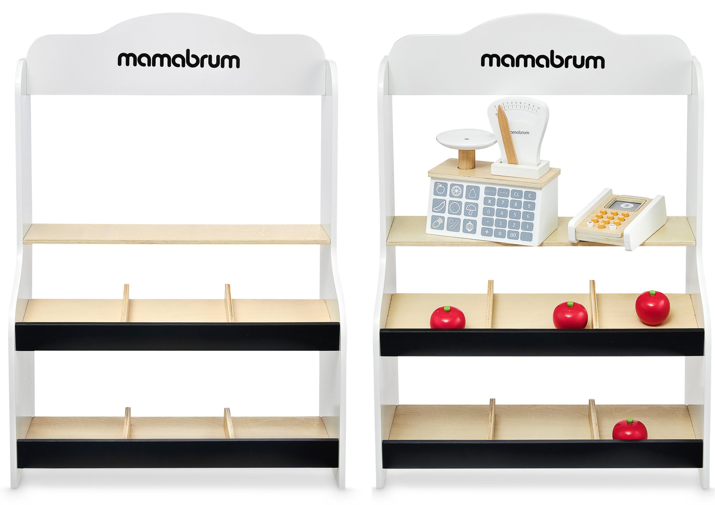 Mini tirdziņš - veikals ar svariem, terminālu, maksājumu karti un augļiem