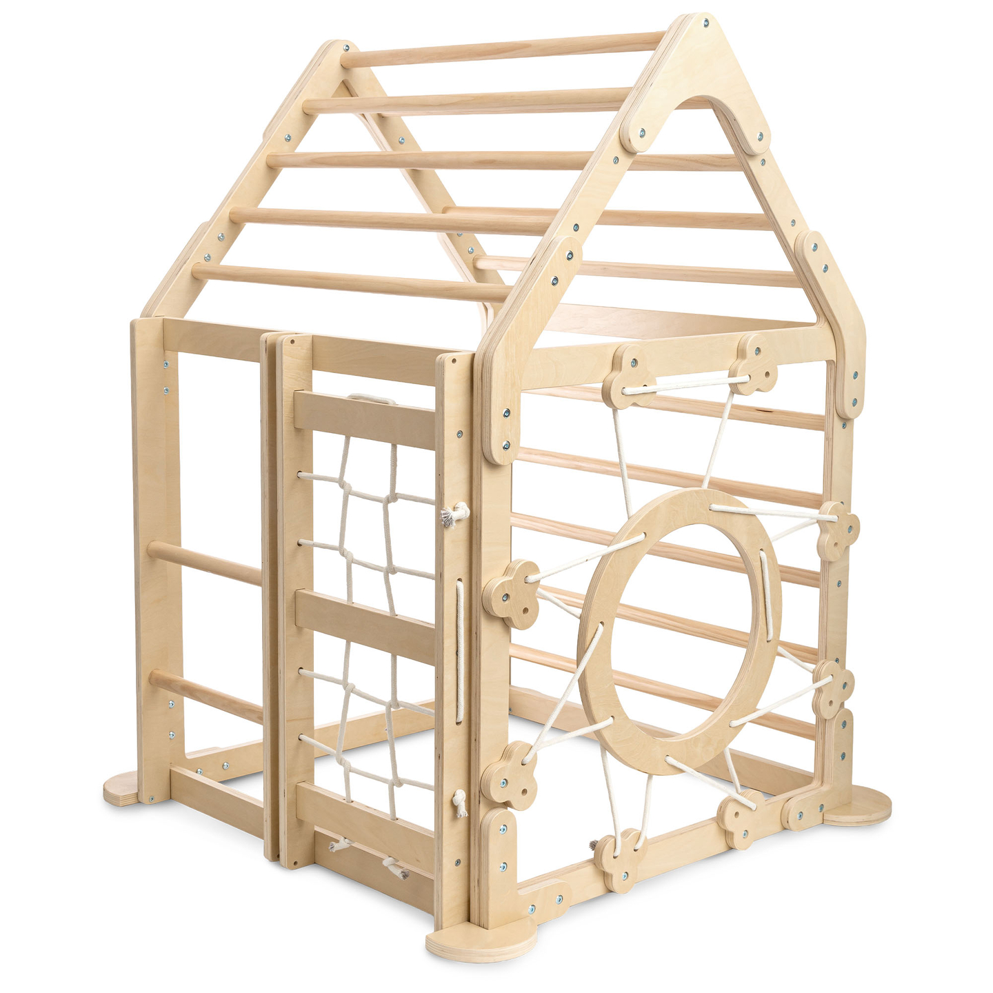 Koka iekštelpu rotaļu laukums bērniem - mājiņa ar kāpnēm un slidkalniņu